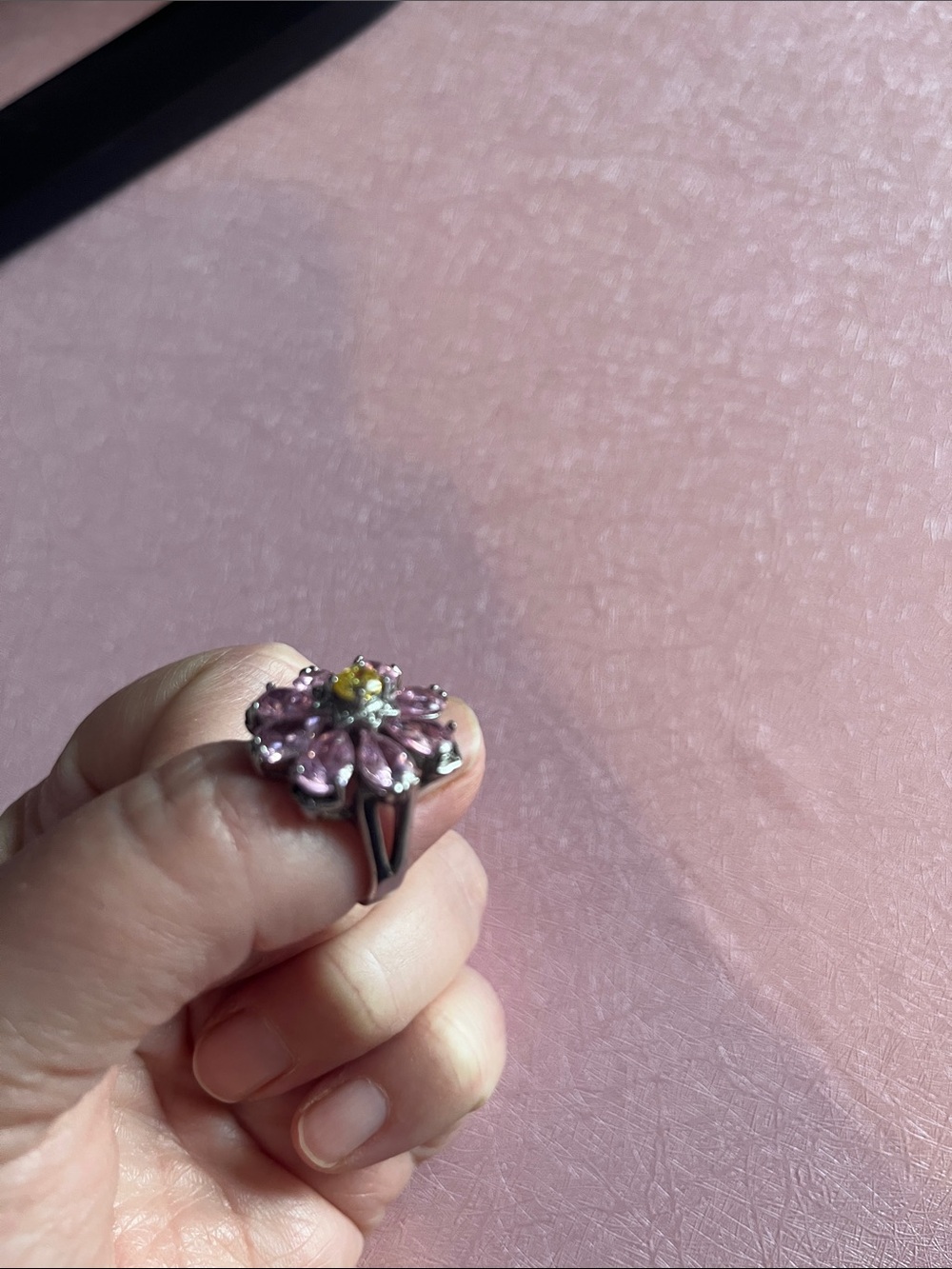 Sterling Silver Pink Flower Ring with Yellow Center
